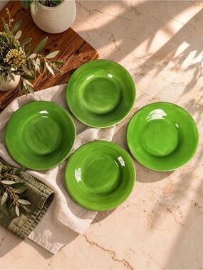 Pottery Barn Sausalito Dark Green 12” Dinner Plate Moss Set of 4 Hand Painted